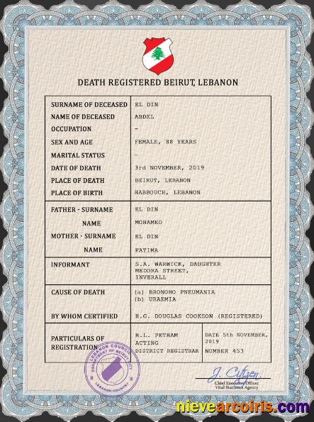 Lebanon vital record death certificate